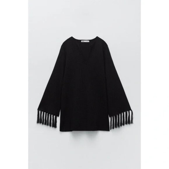 Zara Textured Knit V-neck Tunic with Fringe Long Sleeves S - Picture 7 of 16